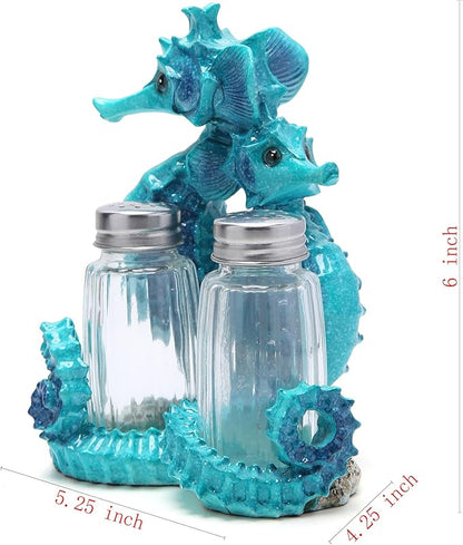 Hodao Seahorse With Salt and Pepper Shaker Figurines Decorations Set with Holder Figurine for Beach Bar or Tropical Kitchen Decor Table Decorations By Home Gifts (Seahorse-Blue)