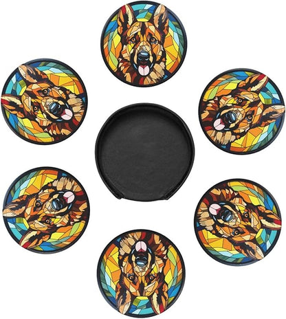 Drink Coaster Set of 6, German Shepherd Dog Mom Lover Gift,Leather Drink Coasters with Holder,6 Pack Cup/Bar/Drink Coasters for Table/Drinks/Coffee Protection Housewarming Gift
