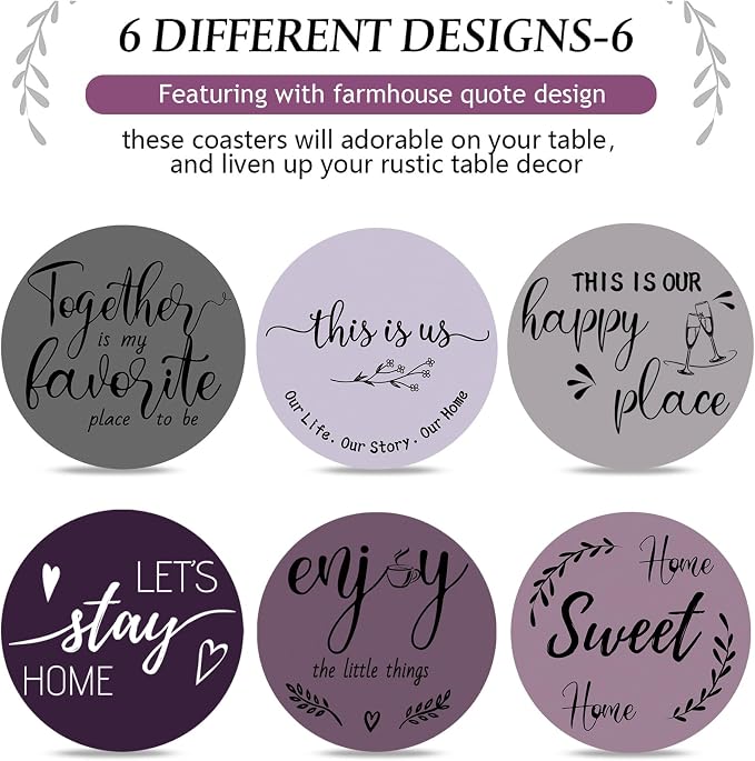 Queekay Coasters Set of 6 House Warming Gifts New Home Wooden Farmhouse Drink - Image 4