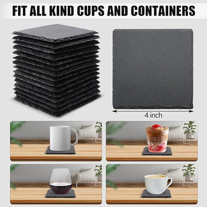 24 Pack Square Slate Drink Coasters, VIBRATITE 4 Inch Black Slate Stone Coasters Bulk Cup Coaster Laser Engraving Blanks with Anti-Scratch Bottom for Drink Coffee Bar Kitchen Home Decor