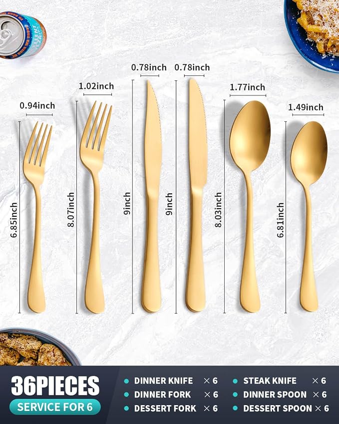 Matte Gold Silverware Set with Steak Knives, 36-Piece Stainless Steel Flatware - Image 2