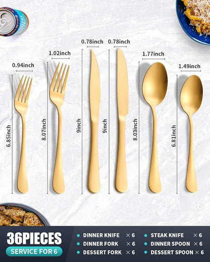 Matte Gold Silverware Set with Steak Knives, 36-Piece Stainless Steel Flatware - Image 2