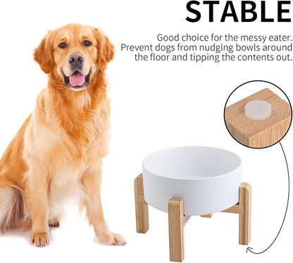 White Elevated Dog Bowl Ceramic for Small Medium Sized Breed,Raised Dog Food Water Bowl with Stand,6 in 3.6 Cups Non Slip Pet Dish Heavy Weighted