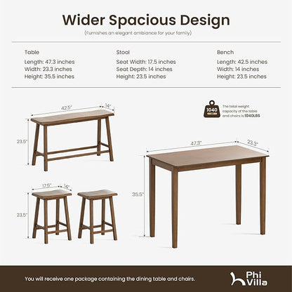 PHI VILLA Kitchen Table with Bench and Chairs, Counter Height Table and Chairs, Solid Wood Small Dining Table Set for 4, High Top Kitchen Table Chairs Set of 4, Rustic Caramel