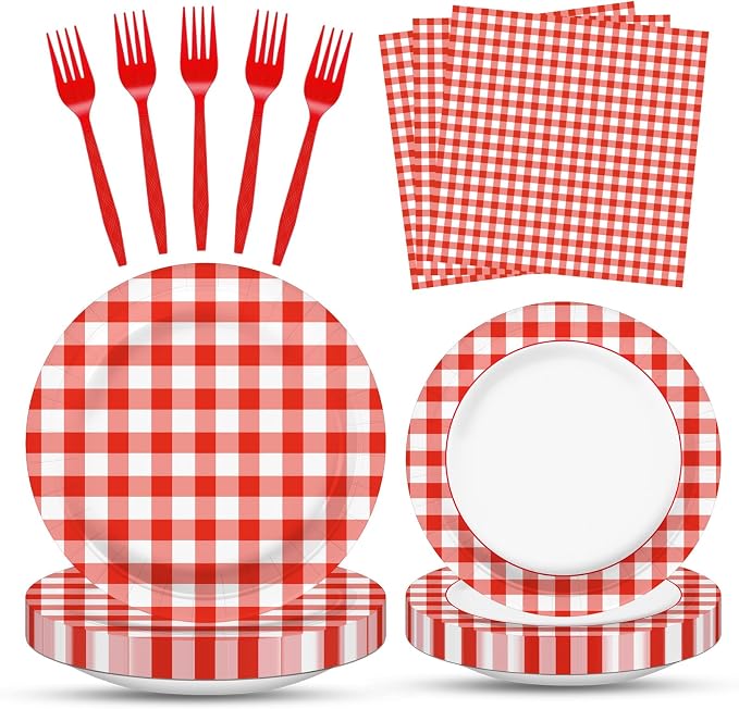 100 Pcs Red White Gingham Party Supplies Set, Serves 25 – Disposable Checkered by Merriva