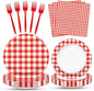 100 Pcs Red White Gingham Party Supplies Set, Serves 25 – Disposable Checkered by Merriva
