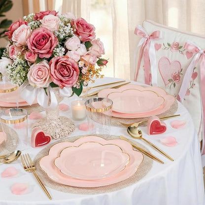 EI 180pcs Pink Plastic Plates with Gold Plastic Silverware,Party Plates Disposable,Pink Dinnerware Set for Afternoon Tea,Wedding,Birthday,Easter,Spring,Mother's Day,Valentine's Day