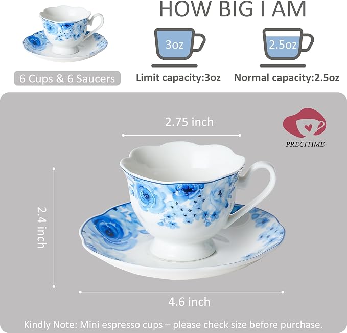 2.5oz Porcelain Demitasse Set of 6, 75ml Espresso Cup | Classic blue floral - Image 2