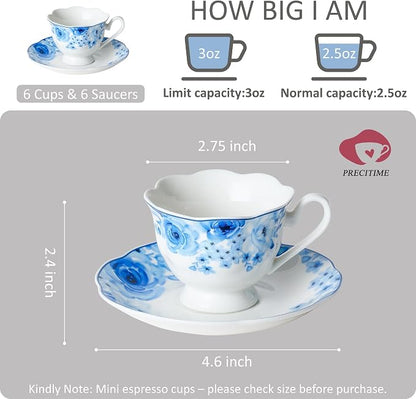 2.5oz Porcelain Demitasse Set of 6, 75ml Espresso Cup | Classic blue floral - Image 2
