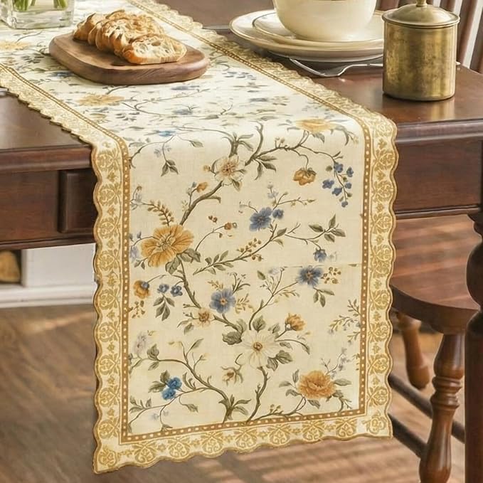 HunnmingRe Chinoiserie Table Runner Light Brown White Floral Table Runner by HunnmingRe