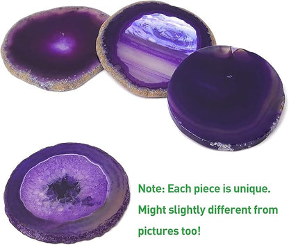 Agate Coaster Set of 4, 3.5-4" Natural Geode Stone Coasters for Drinks Coffee Table Decor Agate Slices Glass Cups Holder for Home Guest Room Housewarming Birthday Gift (Purple)