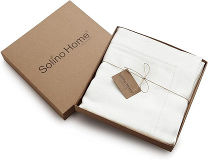 Solino Home Linen Tablecloth for Rectangle Tables 60 x 156 Inch - Classic Hemstitch 100% Pure Linen White Table Cloth - Machine Washable Cloth Tablecloth for Valentines, Spring, Easter