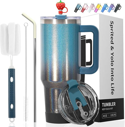 30 oz Shiny Tumbler with Handle and Straw, Stainless Steel Tumbler with Lid and by Watersy