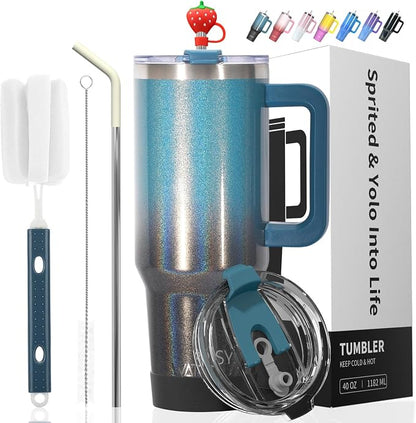 40 oz Shiny Tumbler with Handle and Straw, Stainless Steel Tumbler with Lid and by Watersy