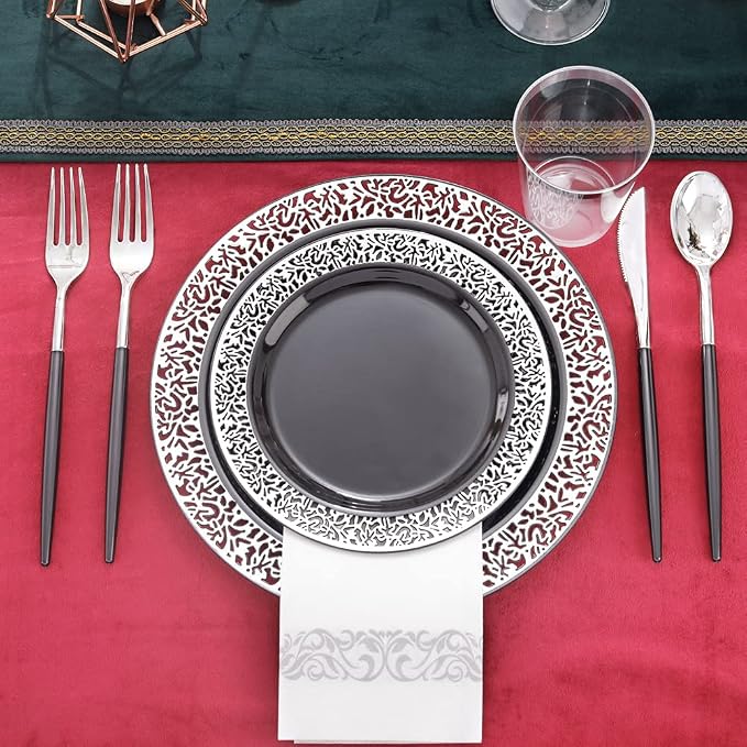LIYH 350Pcs Black Silver Lace Plastic Plates Dinnerware Set - Image 6