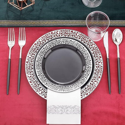LIYH 350Pcs Black Silver Lace Plastic Plates Dinnerware Set - Image 6