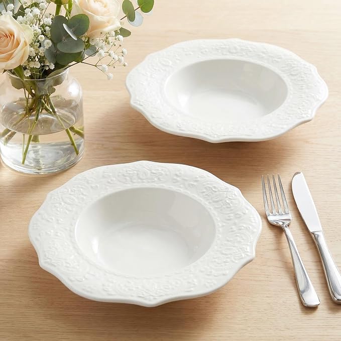 Soup Bowls, Pasta Bowls Plates, Embossed Porcelain Wide Rim Bowls, 8.5 Oz - Image 5