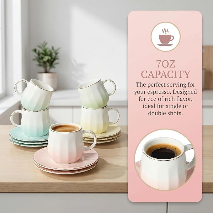 Ceramic Espresso Cups and Saucers Set of 4, 7oz Porcelain Cups - Image 6