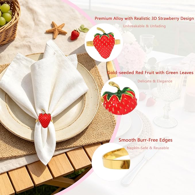 Strawberry Napkin Rings Set of 12 Red Enamel Berry Napkin Holder - Image 5