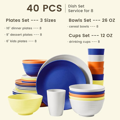 Homienly 40-Piece Wheat Straw Dinnerware Sets, Unbreakable Reusable Dinnerware Set, Service for 8, Kitchen Cups Plates and Bowls Set, Dishwasher Microwave Safe Dishes Set for Camping, Party - Mondrian