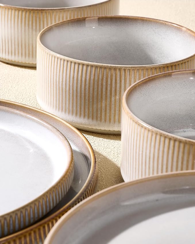 Stoneware Dinnerware Set for 4, Cappuccino White Dishes | 12 pcs Ceramic Plates - Image 4