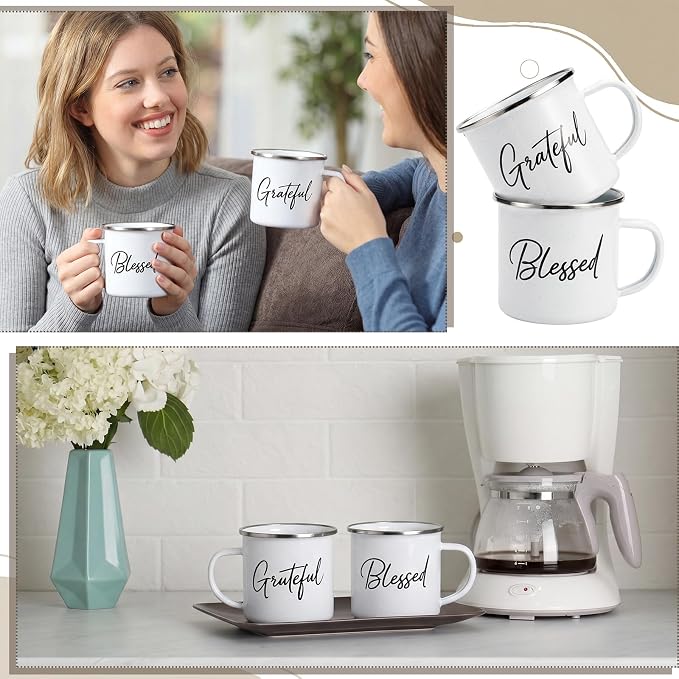 Willinglong 2 Pcs Grateful Blessed Campfire Mug Enamel Coffee Mug Set Thank You - Image 6