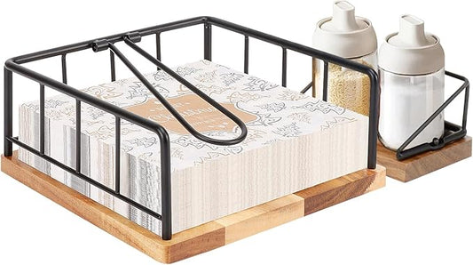 Livabber Flat Napkin Holder, Metal Kitchen Napkin Storage with Weighted Tension Arm Rustic Tissue Paper Dispenser for Countertop, Table Kitchen, Dining Room (with Wooden Base, Black Napkin Holder Set)