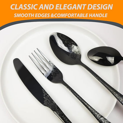 Runfly Modern Carved Floral Black Stainless Steel 20-Piece Flatware Set | - Image 3