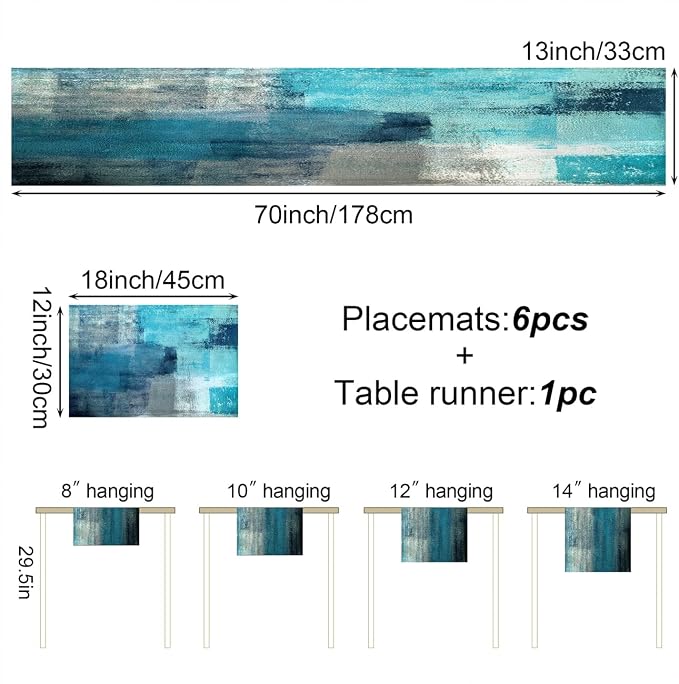 Teal Blue Abstract Table Runner and Place Mats Set of 6 Turquoise Teal - Image 3