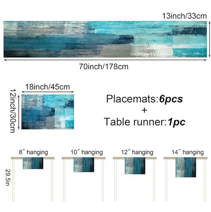 Teal Blue Abstract Table Runner and Place Mats Set of 6 Turquoise Teal - Image 3