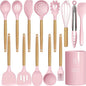 Silicone Kitchen Utensils Set - 446°F Heat Resistant Cooking Utensil Sets, Spatula,Turner,Tongs,Spoon,Brush,Whisk, Wooden Handle Silicone Kitchen Gadgets Tools for Non-Stick Cookware BPA Free (Pink)