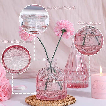 Pink Glass Bud Vases Set of 12, Mini Flower Vase for Centerpieces, Small Vases in Bulk for Wedding Decorations, Vintage Vase for Table, Home Décor