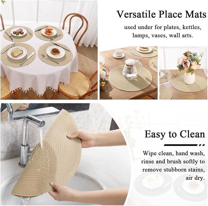 SHACOS 15 inch Round Braided Placemats Set of 6 Cotton Polyester Heat Resistant - Image 7