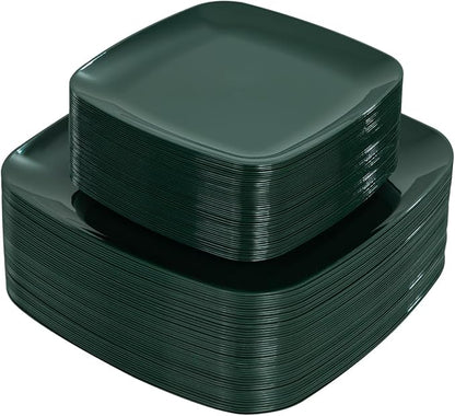 PULOTE 100PCS Green Plastic Plates - Green Square Disposable With Gold Rim - Include 50 Dinner 10inch, 50 Dessert 7.25inch Plates for Party&Christmas