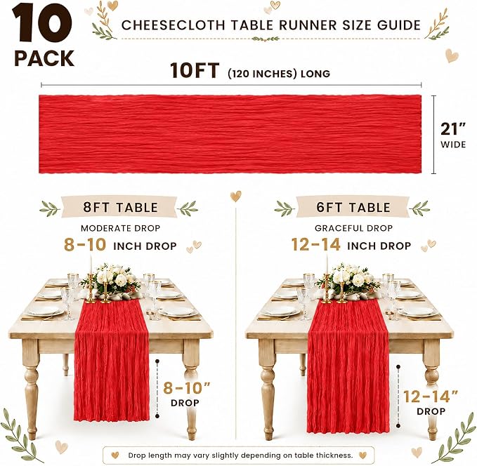 10 Pack Red Table Runner 10FT Gauze Cheesecloth Table Runner | 21x120 Inch Boho - Image 3