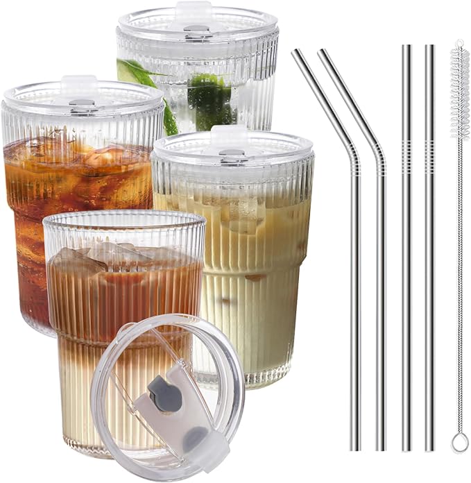 HIGIINC Iced Coffee Cups With Lids and Straws 4 Pcs, 16 OZ Unbreakable Glasses by HIGIINC
