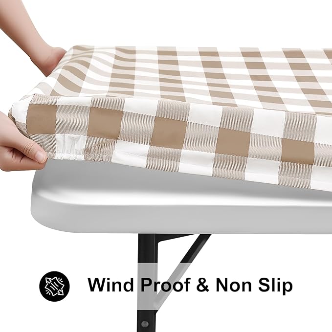 Smiry Rectangle Picnic Table Cloth, Elastic Waterproof Fitted Vinyl Tablecloths, Flannel Backed Buffalo Plaid Table Covers for Dining, Camping, Outdoor (White and Khaki, 30" x 96")