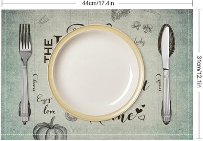 Retro Farmhouse Placemat Set, Minimal Green Gradient Rustic Plank Art Sketch Cutlery Knife Fork Inspirational Quotes Pattern Home Decor Linen Table Mats for Dining Room Kitchen Party (17x12in) x4P