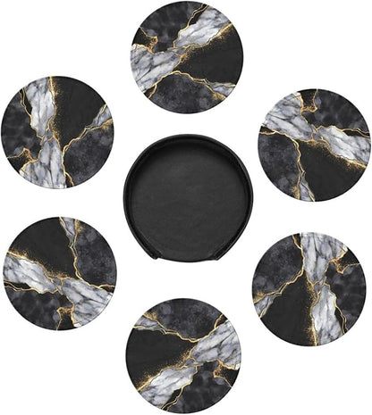 6 Pcs Black White Gray and Gold Marble Leather Coasters - Image 7