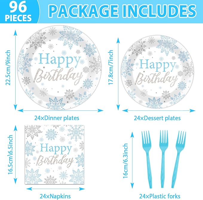 96PCS Winter Birthday Party Decorations Snowflake Paper Plates and Napkins - Image 2