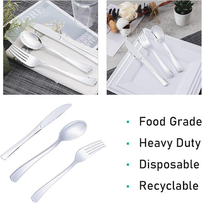 300PCS Silver Plastic Silverware, Disposable Utensils & Cutlery | 100 Forks - Image 3