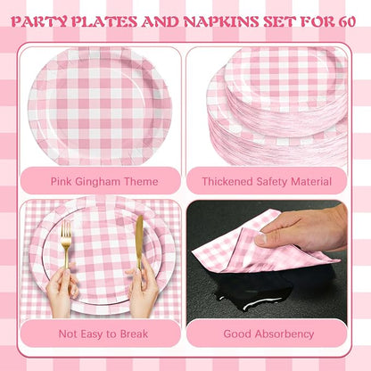 180Pcs Pink Gingham Party Supplies Paper Plates and Napkins Serve 60 | - Image 3