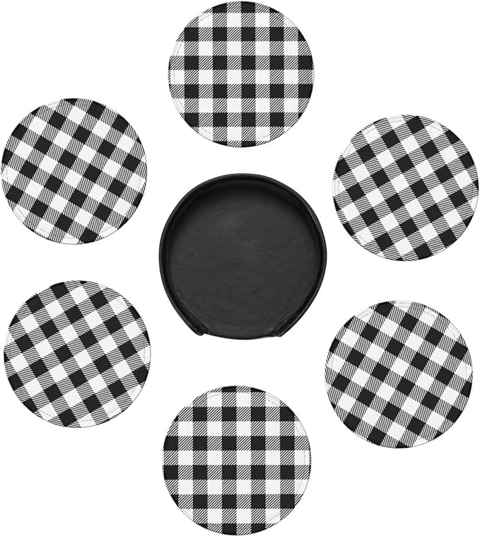 6 Pcs Black and White Buffalo Check Plaids Leather Coasters - Image 7