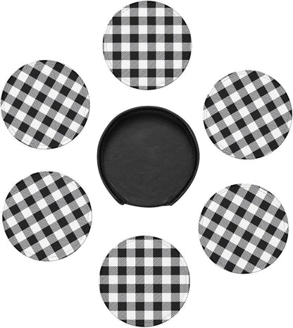 6 Pcs Black and White Buffalo Check Plaids Leather Coasters - Image 7