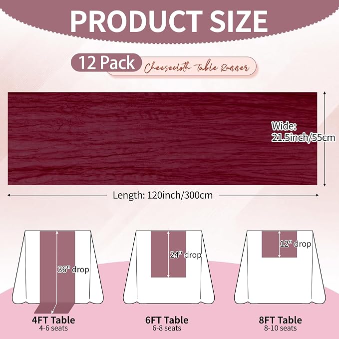 12 Pcs Burgundy Christmas Cheesecloth Table Runner 10Ft, Gauze Table Runners - Image 3