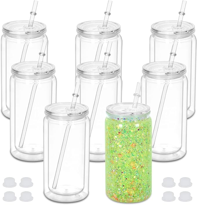 16 oz Plastic Snow Globe Tumbler, 8 Pack Double Wall Snowglobe Tumbler by Micellwuu