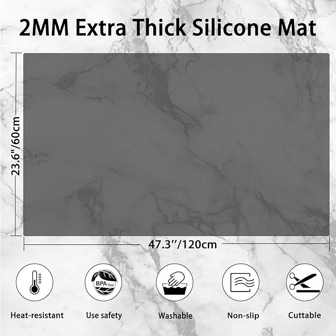 Silicone Mats for Kitchen Counter, 47.3"x23.6"(120cmx60cm) Large Heat Resistant Mat Kitchen Island Waterproof 2MM Thick Countertop Protector Mat Nons-slip Extra Large Counter Mat, Translucent Gray