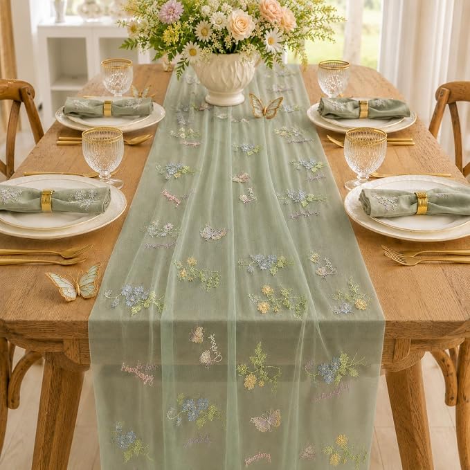 Wildflower Tulle Table Runner Butterfly Floral Wedding Party Home Decor | Sage - Image 4
