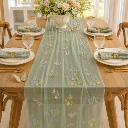 Wildflower Tulle Table Runner Butterfly Floral Wedding Party Home Decor | Sage - Image 4