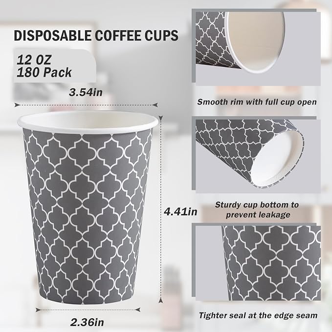 Lamosi Coffee Cups 12 oz 180 Pack, Disposable Paper Coffee Cups, Hot Cups | - Image 2